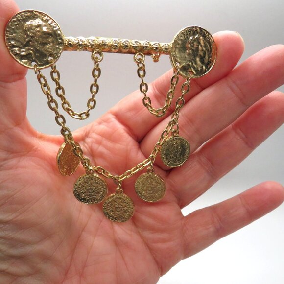 Vintage Imitation Coin Brooch 3" Gold Tone Pin Draped Chain Dangle Faux Change - Picture 2 of 12